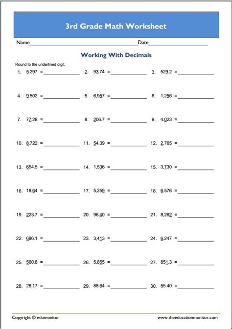 printable  grade math worksheets  edumonitor