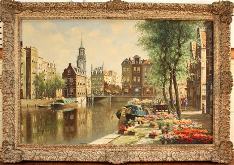 ten hoven view   flower market amsterdam oil  canvas signed approx cm  cm