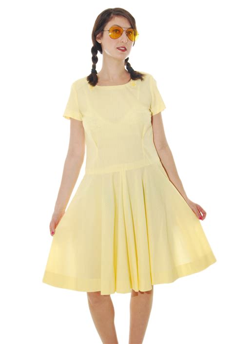 yellow feminine vintage dress for women 1970s shpirulina