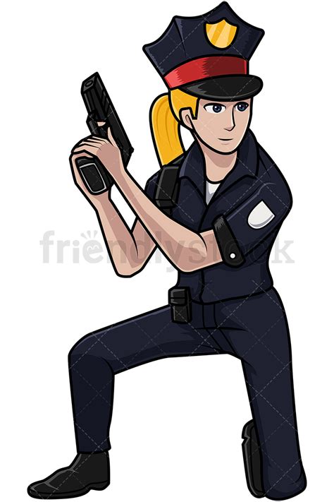 Policewoman Kneeling Holding Her Gun Up Cartoon Vector