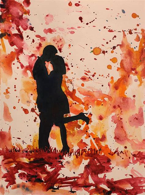 Watercolor Painting Of Silhouette Of Couple Kissing In Front Of
