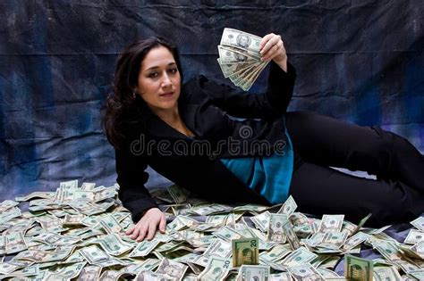 Rich Woman Rich Business Woman Waving Money And Laying With Her Money
