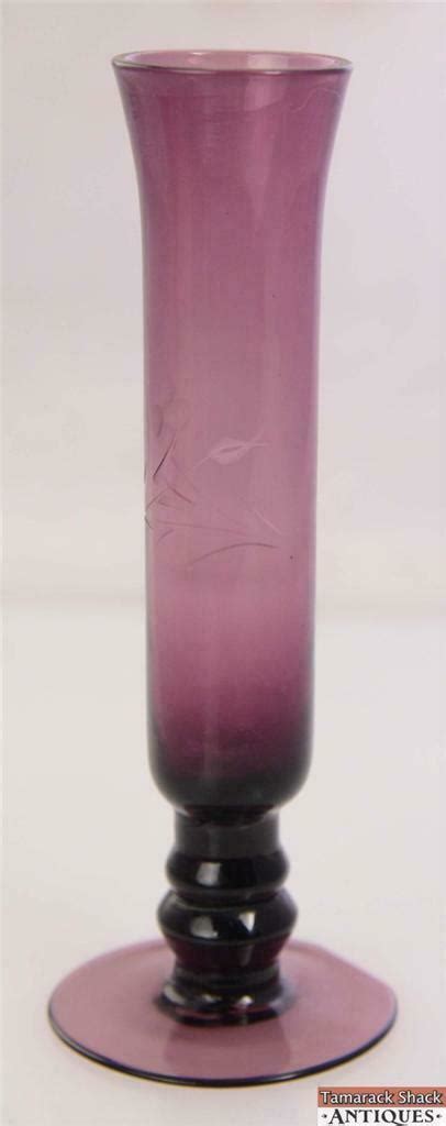 6 Amethyst Glass Bud Vase Thin Flower W Leaves Cut Design