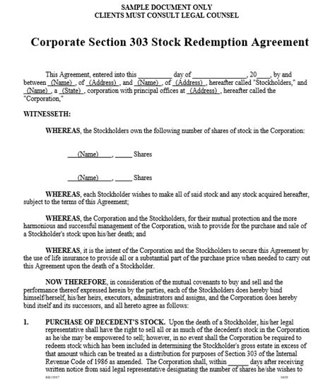 sample stockholders redemption agreement templates printable