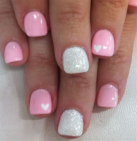 white heart  light pink  glitter heart nails nails design