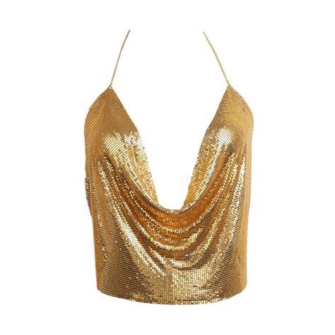 2017 Summer Fashion Women Gold Metal Crop Top Sexy Halter Sequin Chain