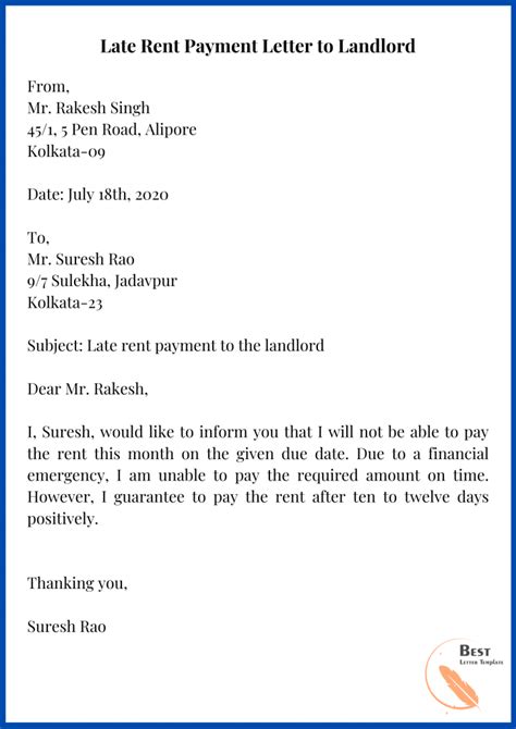 rent payment letter template format sample examples