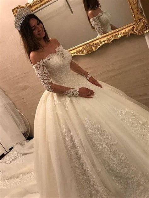 ball gown   shoulder long sleeves cathedral train applique tulle wedding dresses