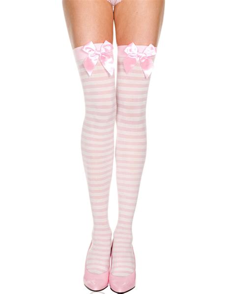 Sexy Music Legs White And Pink Striped Opaque Thigh High