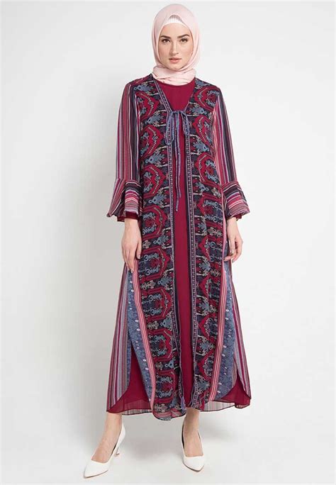 model baju gamis batik kombinasi polos modern busana batik wanita