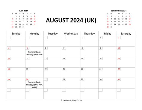 printable uk calendar august