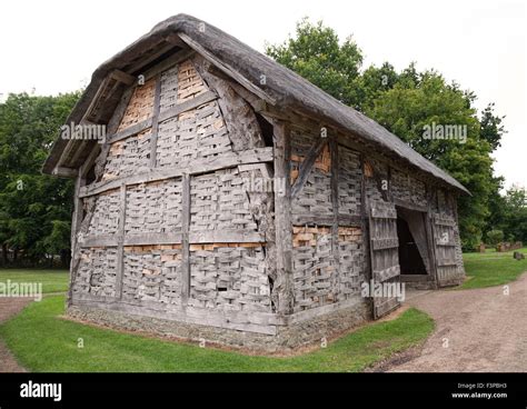 english oak framed hay barn  thatched roof stock photo alamy