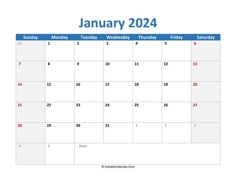 printable calendar january word version