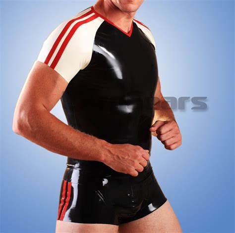 man latex lingerie black with red strips rubber latex t shirts with