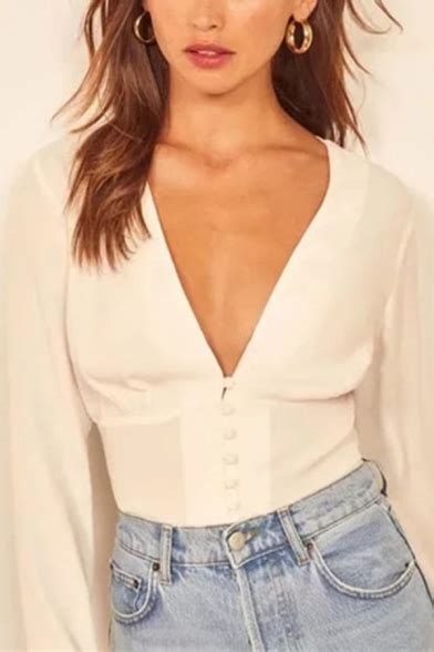 Womens Trendy Long Sleeve Deep V Neck Button Up Slim Fit White Shirt
