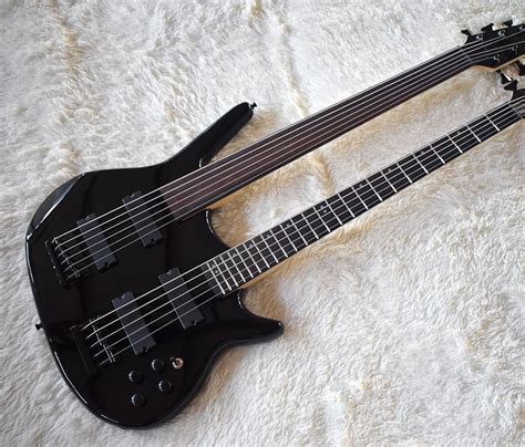 factory custom double neck black electric bass guitar   stringsrosewood fretboardone