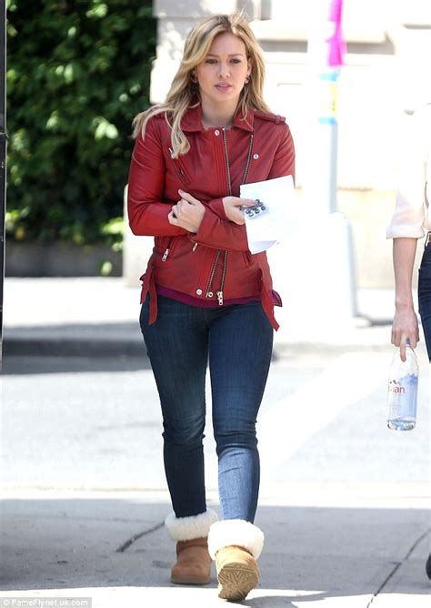 hilary duff dons sexy black heel boots and edgy leather jacket after slumming it in uggs