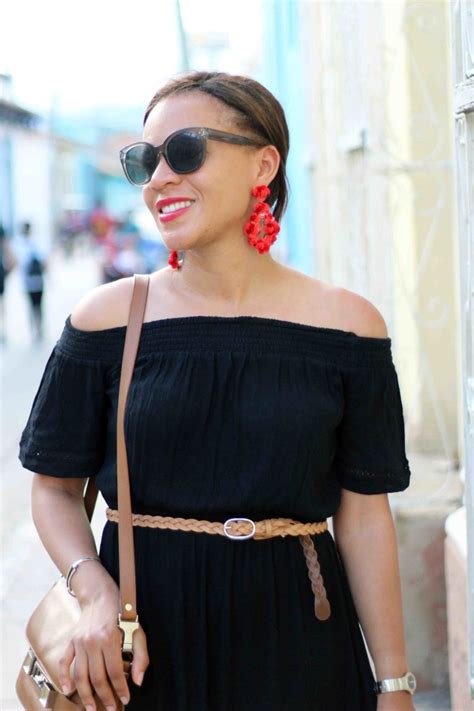 black off the shoulder dress in cuba nicole to the nines