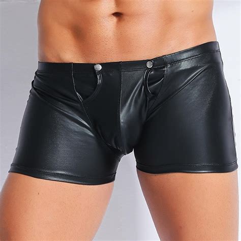 mens faux leather boxer shorts wetlook clubwear back zipper gay