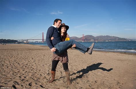 couple mock cheesy engagement shots by switching typical gender poses