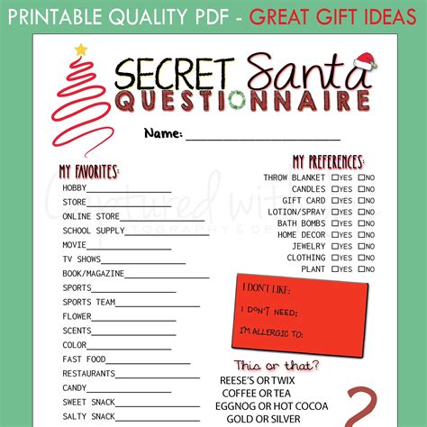 printable  secret santa questionnaire  gift exchange etsy uk