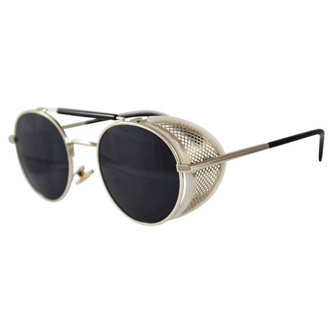 silver oval sunglasses fold in side shields dark gray lenses