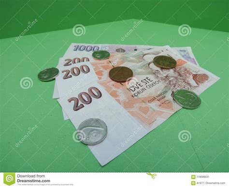 Czech Koruna Notes And Coins Czech Republic Stock Image