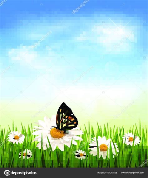 nature background green grass flowers witn butterfly stock vector