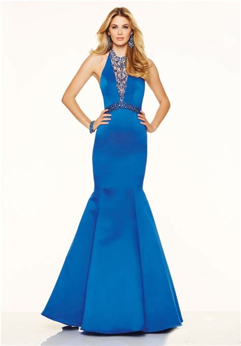 sexy mermaid halter backless royal blue satin beaded prom dress