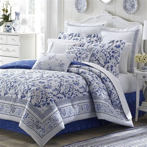 blue floral full size comforter set white french country shabby chic bohemian flowers coastal
