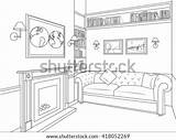 Room Drawing Living Outline Interior Fireplace Sofa Vector Books Shutterstock Illustrations Preview sketch template