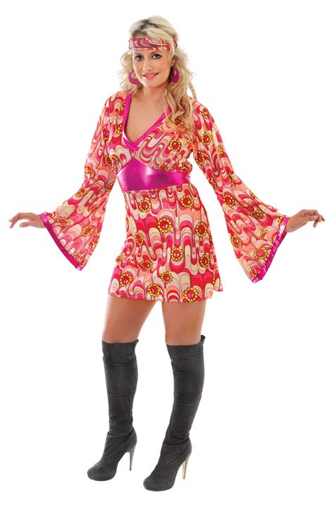 ladies flower power fancy dress costume  hippy pink womens party