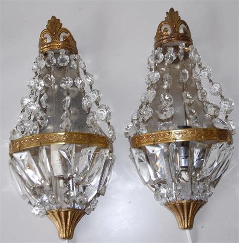 pair french vintage bronze crystal  light wall sconces