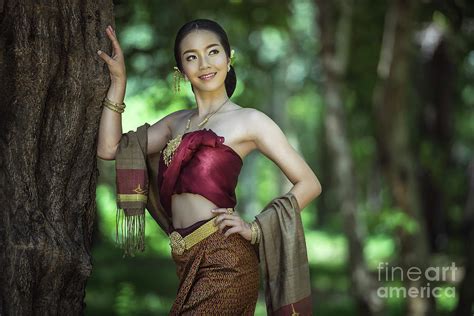 Asian Woman Wearing Typical Traditional Thai Dress