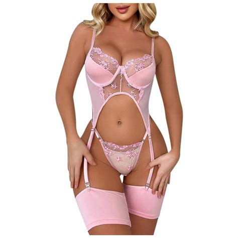 hfyihgf womens 3 piece see through sexy lingerie set with garter belt