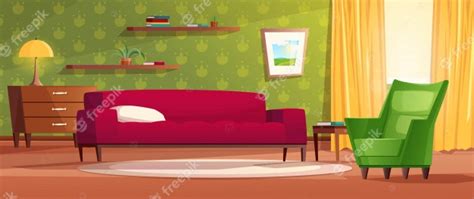 premium vector cozy living room interior  cartoon style red sofa