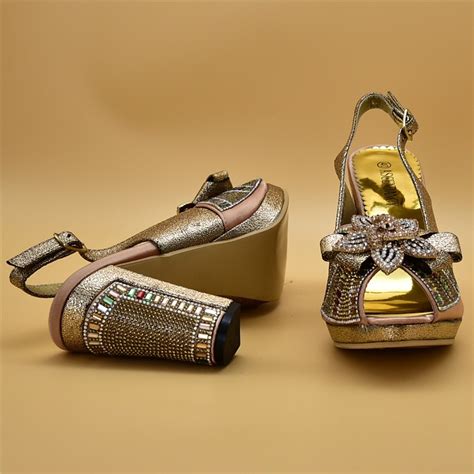 high quality party genuine leather gold italian shoes and bag sets to