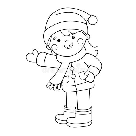 coloring page outline  cartoon girl winter stock vector