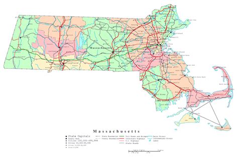 large detailed administrative map  massachusetts state  roads