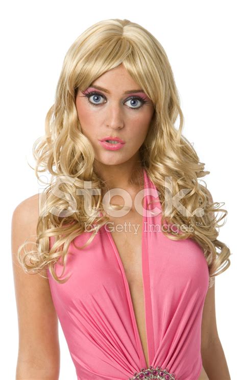 Beautiful Blond Woman Looks Like Barbie Doll On White Background Stock