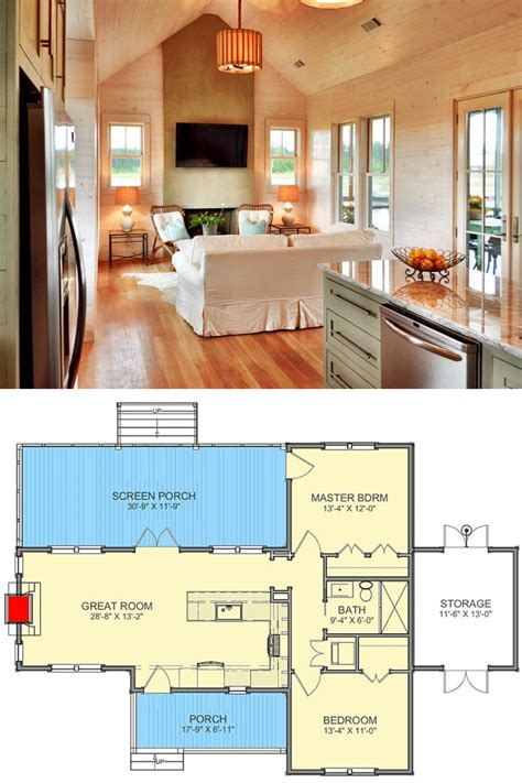 open concept kitchen living room   modern cottage lake house plan    bedrooms