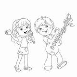Singing Outline Girl Boy Coloring Song Kids Cartoon Guitar Vector Book sketch template
