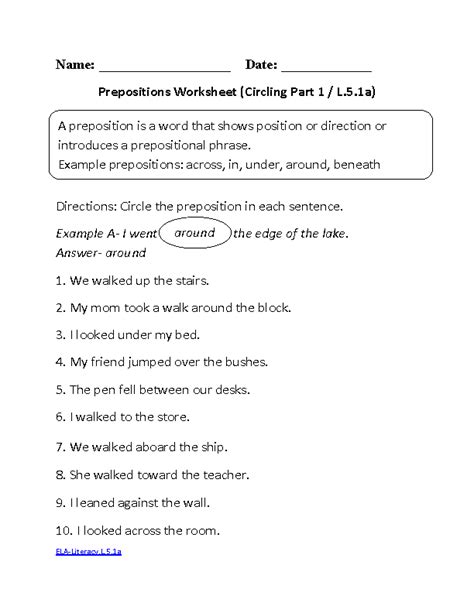 grade common core language worksheets preposition worksheets