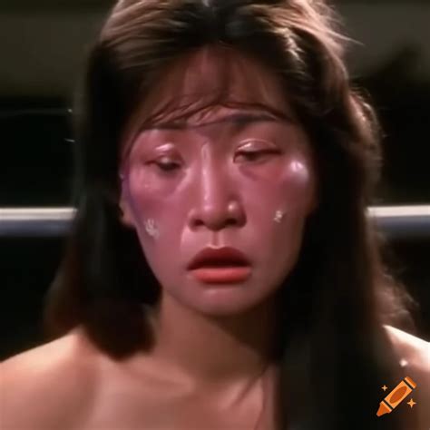 asian woman fighter with bruised head showing dizziness in 80s movie