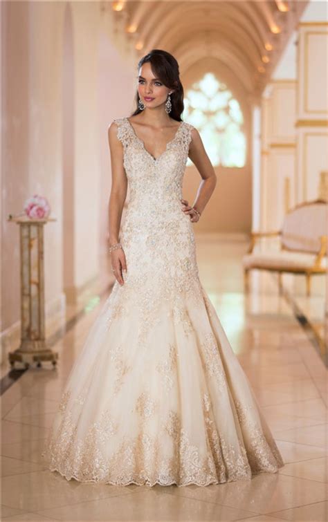 stunning mermaid v neck low back gold lace beaded sparkly wedding dress