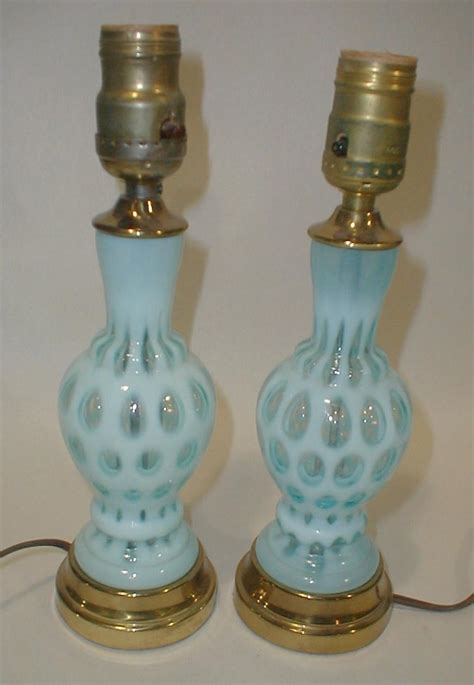 Pair Of Fenton Blue Thumbprint Glass Bedroom Lamps Overall
