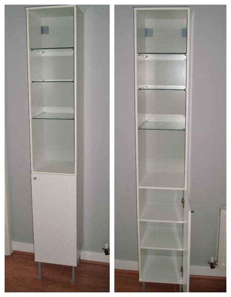 white high cabinet tall slim bathroom storage  glass shelves