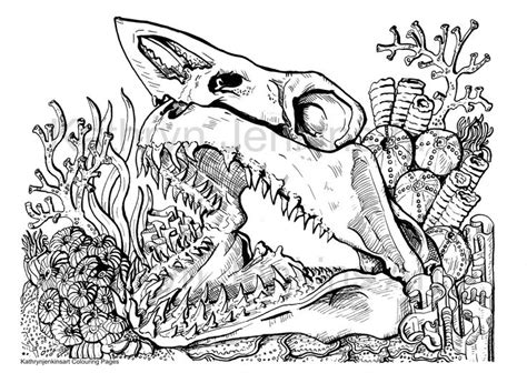 colouring page digital  shark skull  coral instant