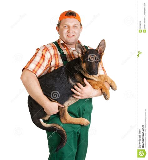 happy man holding  shepherd puppy stock image image  isolated
