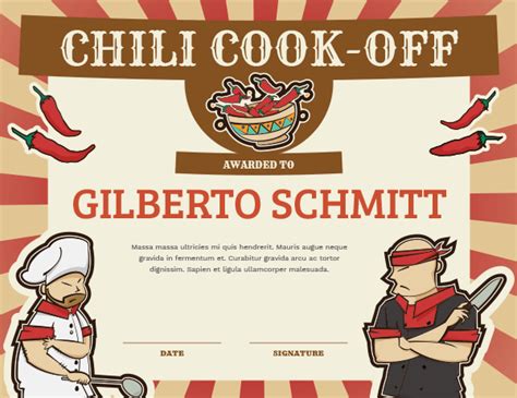 printable chili cook  award certificate template printable